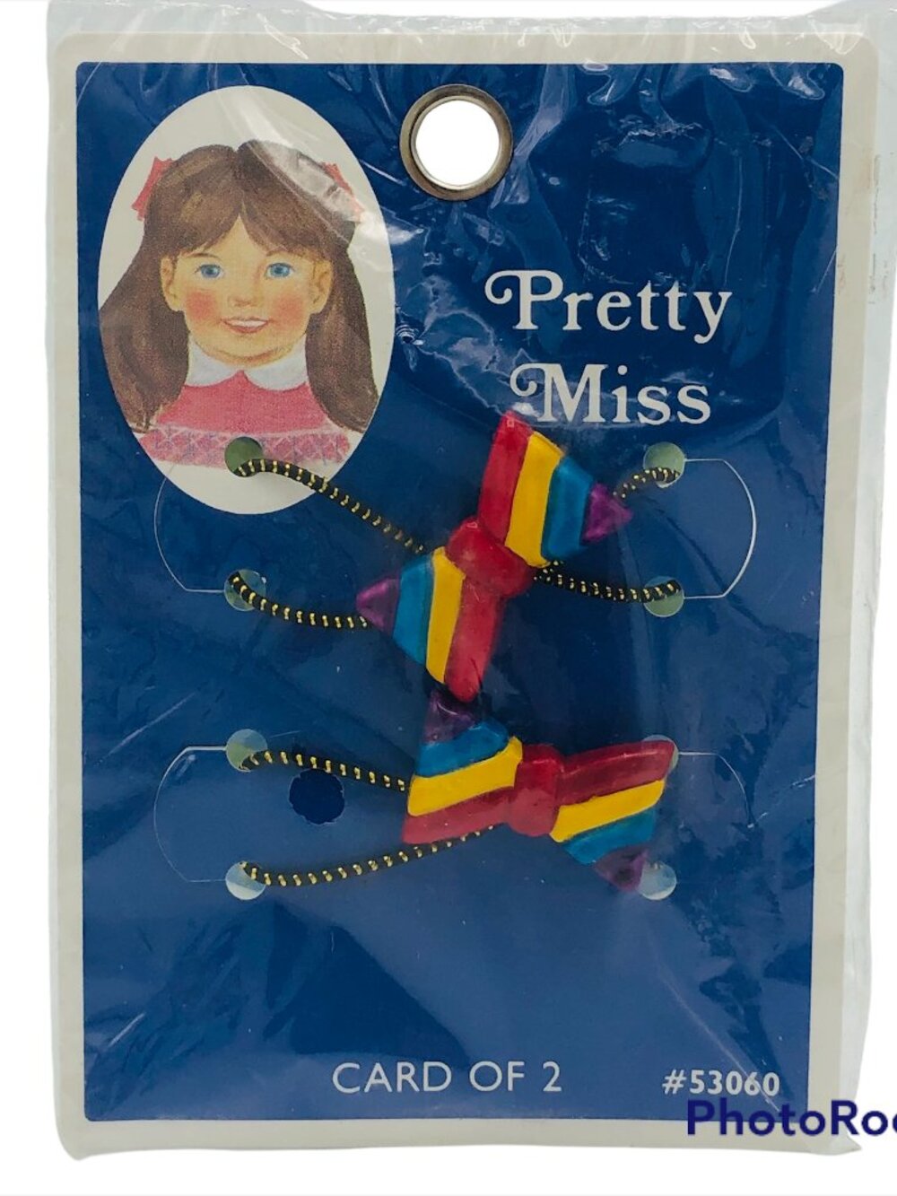 NOS Vtg 80s Pretty Miss Tip Top Card of 2 Striped Bow Hair Elastics Kidcore